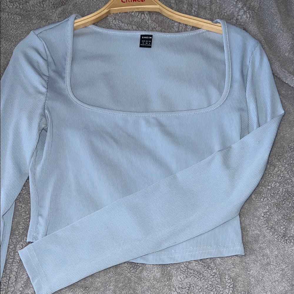 SHEIN Light Blue Ribbed Long Sleeve Top